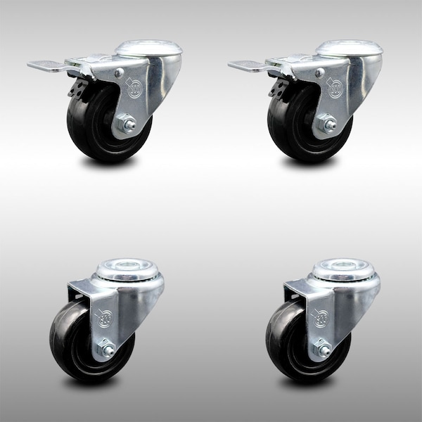 3 Inch SS Hard Rubber Wheel Swivel Bolt Hole Caster Set with 2 Total Lock Brakes